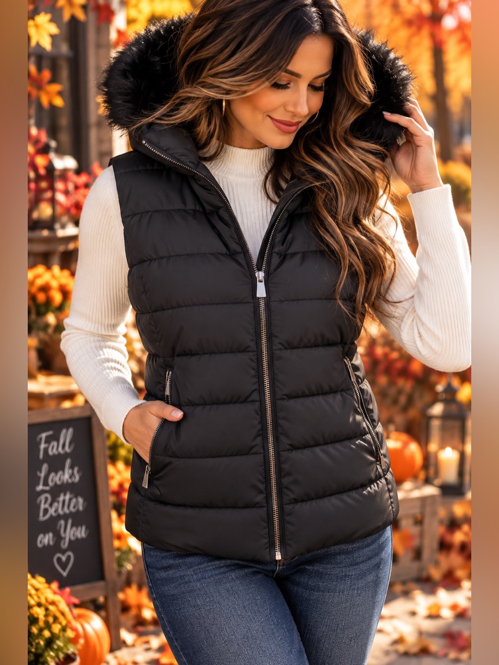 GAP Black Puffer Vest Faux Fur Hood Zip Pockets Size L